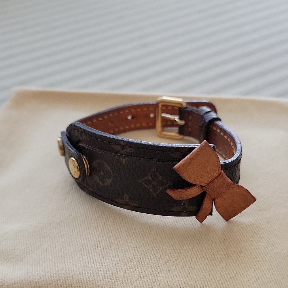 Louis Vuitton Brown Monogram Leather Bracelet with Tan Bow and Gold Hardware
